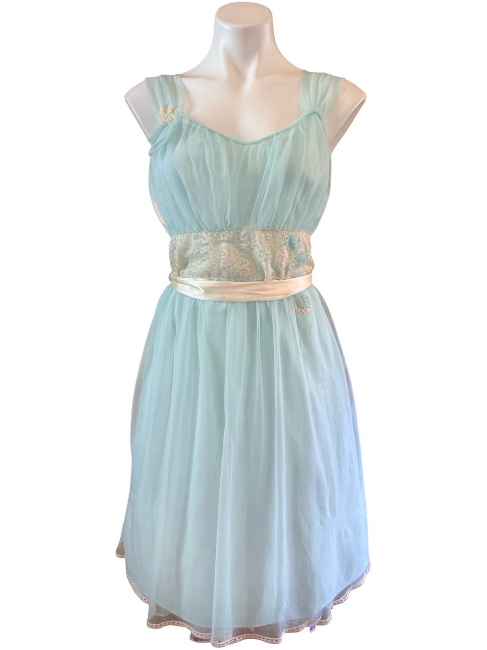 Miss Elaine Vintage Mint Blue Chiffon Lace Nightgown Medium 1960s Babydoll